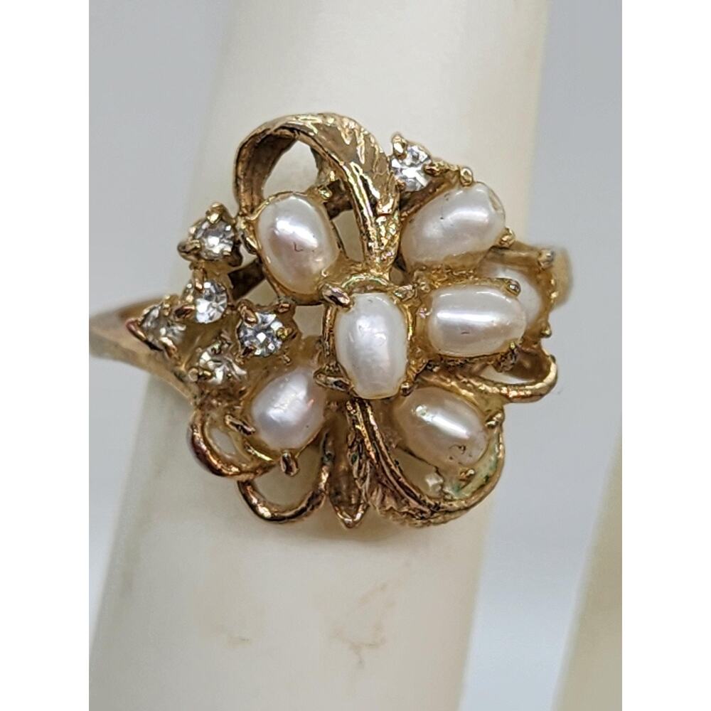 Vintage Genuine Pearl Rhinestone Cluster Cocktail Ring Floral Gold Plate Sz 6.75